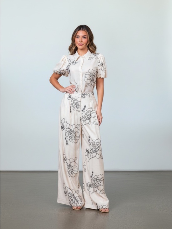 Pants - 255. Embroidered Cream Floral Bubble sleeve Wide-Leg pants set